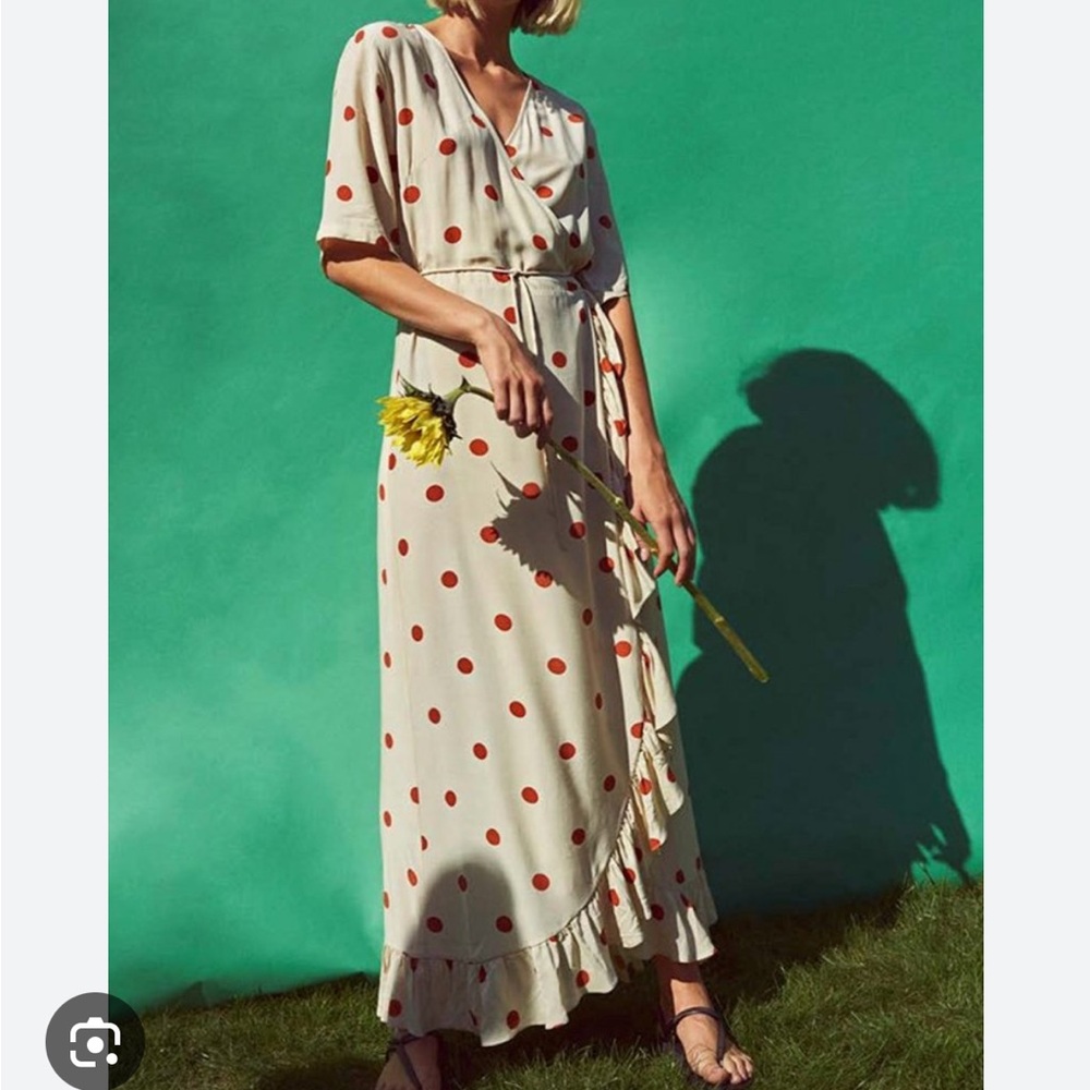 Just Female Adelia Polka Dot Wrap Dress XS Cream Orange